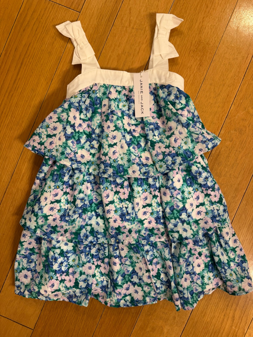 Janie and Jack White-Banded Floral Dress with Blue, Green & Pink Print